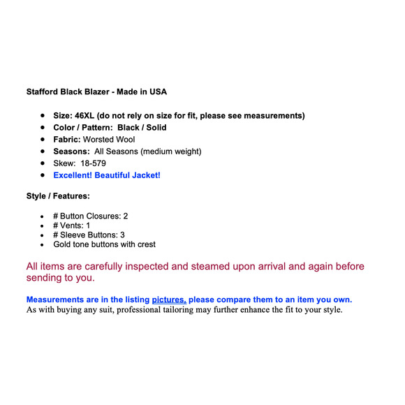 Stafford 46XL Solid Black Gold Tone Buttons Blazer Sport Coat Worsted Wool - Picture 3 of 15